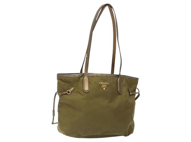 PRADA Tote Bag Nylon Khaki Gold Auth 133051 Golden