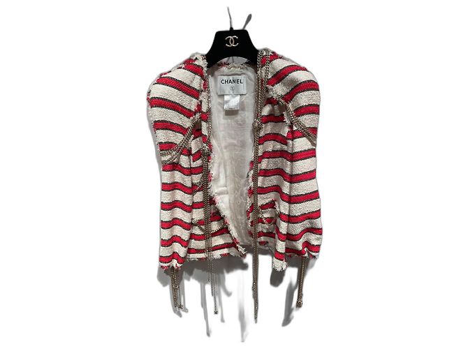 Chanel Jacket Red and White with Silver Chains Size 36