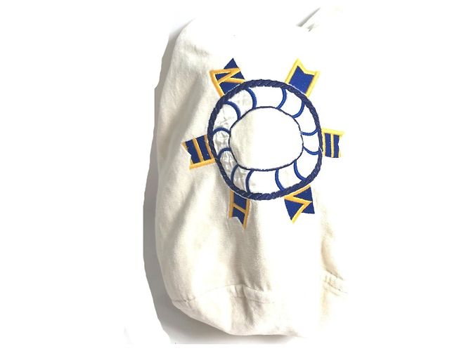 Sac à dos à cordon en velours imprimé marin Hermès Blanc Bleu