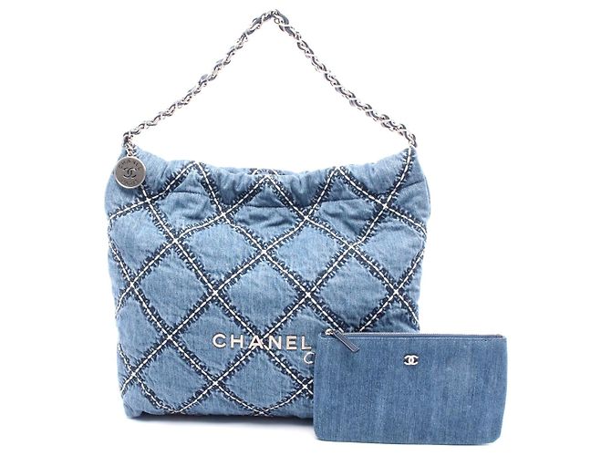 Bolsa Tote de Denim e Couro Chanel 22 Azul