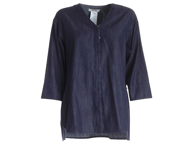 Camicia Max Mara in denim di cotone blu con ricamo di paillettes nere