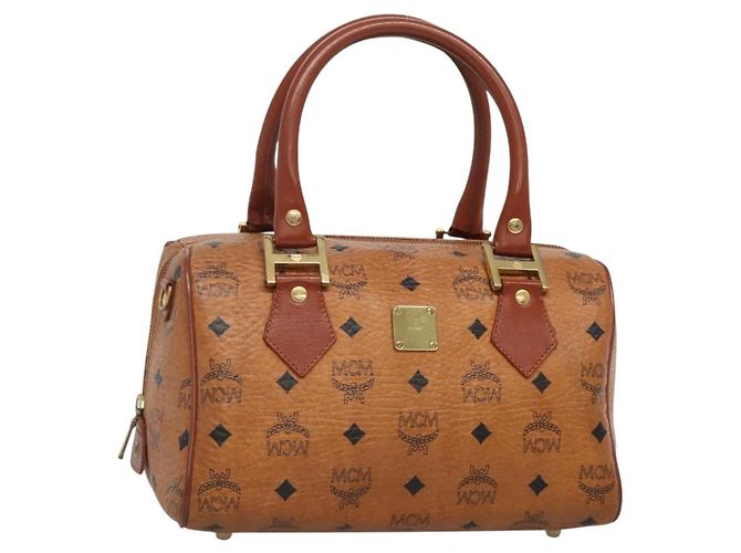 Bolsa Boston MCM Logogram Vicetos em couro PVC marrom e dourado Auth am8857