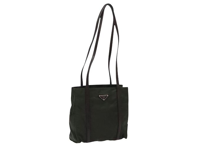 PRADA Shoulder Bag Nylon Leather Khaki Silver Auth bs28226 Silvery