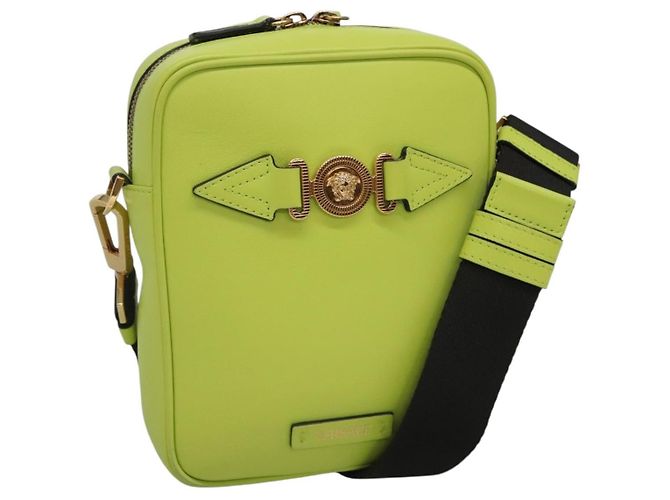 Bolso de Hombro de Cuero VERSACE Verde Lima Oro Auth am8884 Dorado