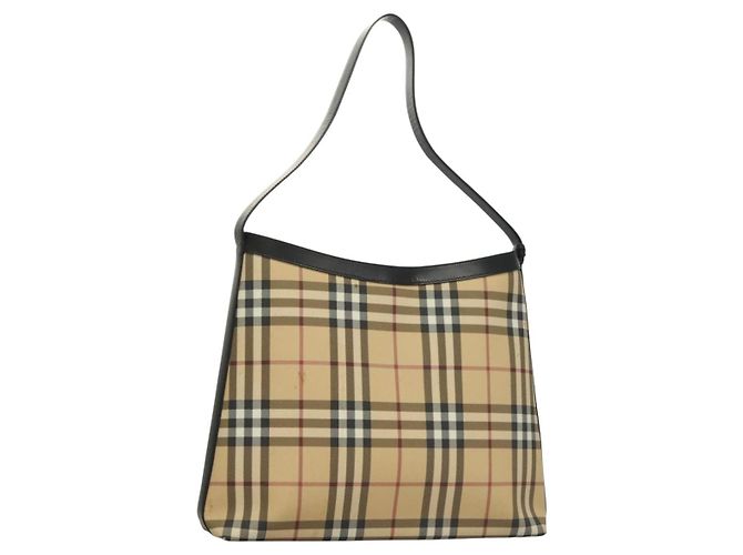 Bolsa de Ombro Burberry Nova Check PVC Bege Prata Auth ep10120