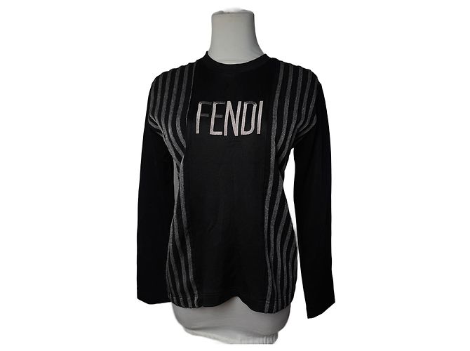 Vintage Fendi Polyester gestreifter Pullover M Schwarz 