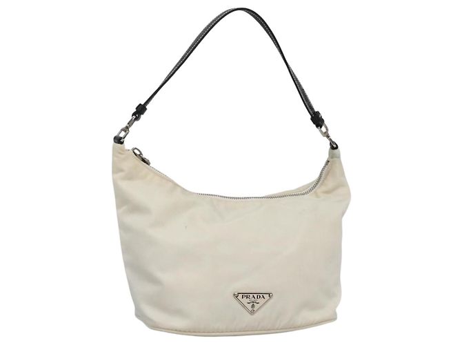 PRADA Schultertasche Nylon Weiß Silber Authentisch 136266