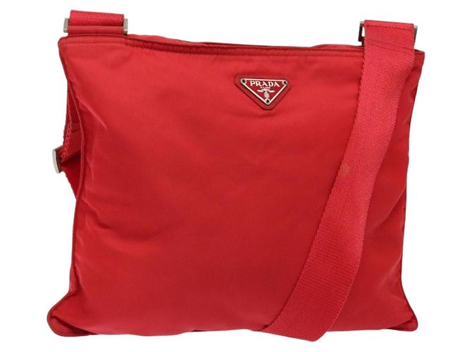 PRADA Shoulder Bag Nylon Red Silver Auth bs28053 Silvery