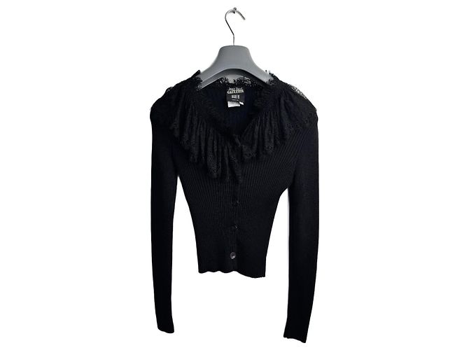 Jean Paul Gaultier Schwarzer Rippstrick Cardigan mit Spitzenbesatz
