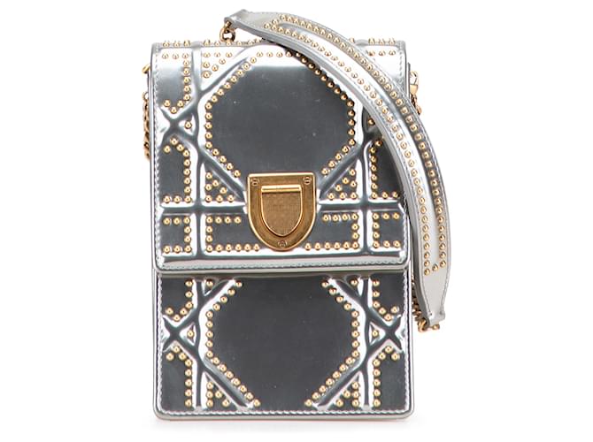 Dior Silver Metallic Studded Calfskin Vertical Diorama Silvery Leather Pony-style calfskin  ref.2418998