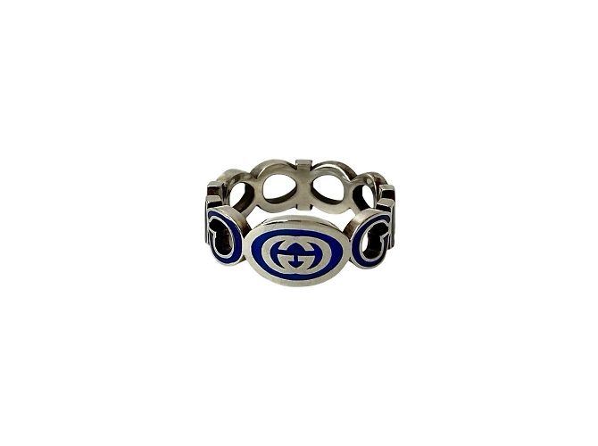 GUCCI Interlocking G Emaille Ring Silber Blau