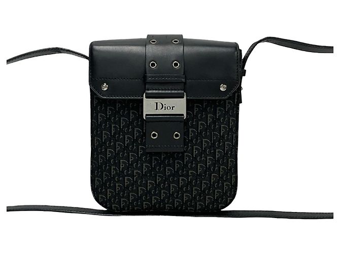Borsa a spalla in pelle nera e tela Christian Dior Nero