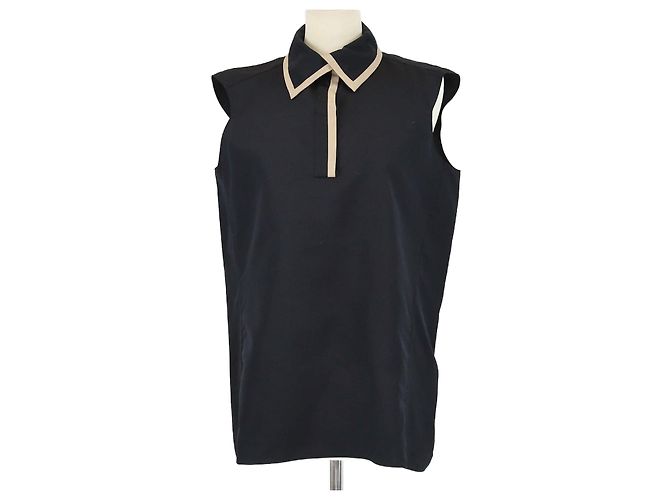 Yves Saint Laurent Black Sleeveless Half Clip Button Top 