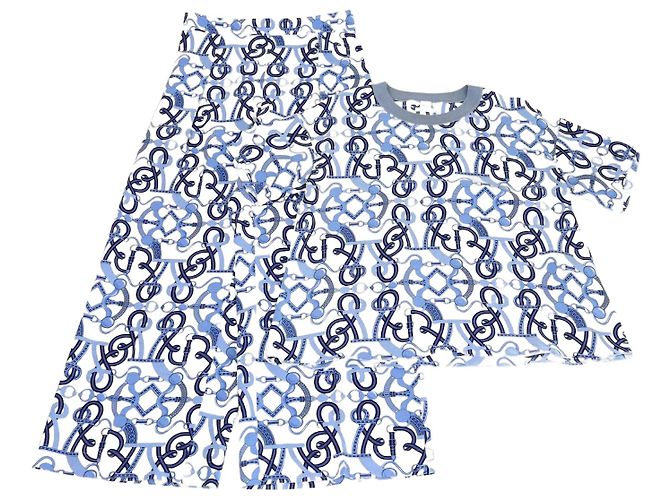 Set top e pantaloni stampati blu/bianco con collo rotondo Hermès