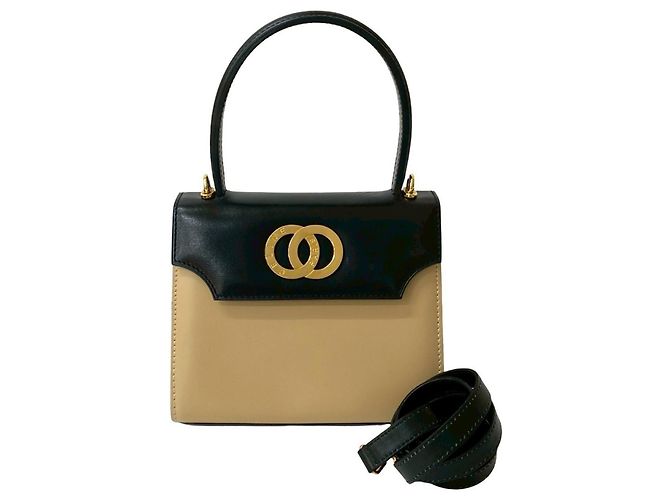 Céline Bolsa de couro de bezerro com hardware de logo circular Celine Preto Bege