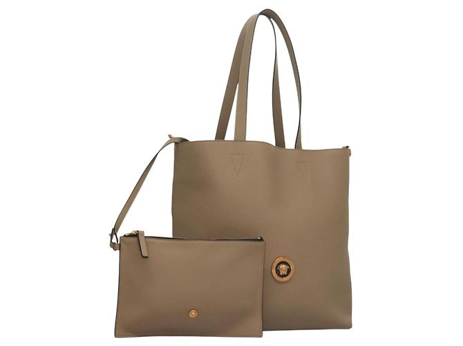 Versace Bolsa Tote de Couro Bege Dourado Auth am8882