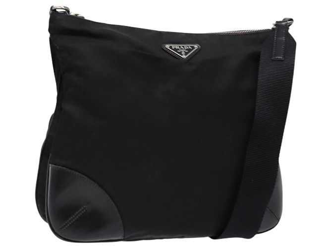 PRADA Shoulder Bag Nylon Leather Black Silver Auth bs28220 Silvery