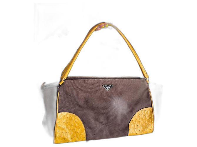 Borsa a spalla Prada Gialla e Marrone Scuro Cotone e Pelle di struzzo Giallo