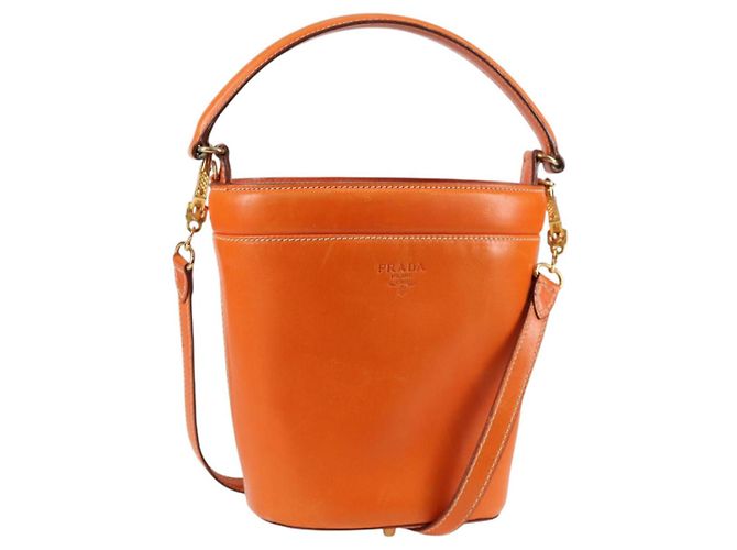 Borsa a Spalla PRADA in Pelle 2 in 1 Arancione Oro Auth ki5845 D'oro