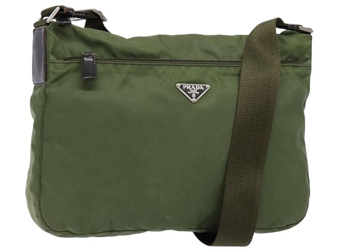 PRADA Shoulder Bag Nylon Khaki Silver Auth ki5844 Silvery