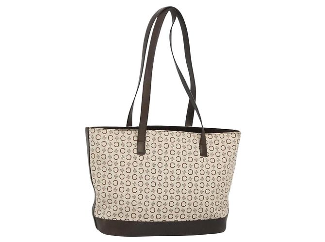 Céline CELINE C Macadam Canvas Tote Bag Gold Weiß Auth ep9987 Golden