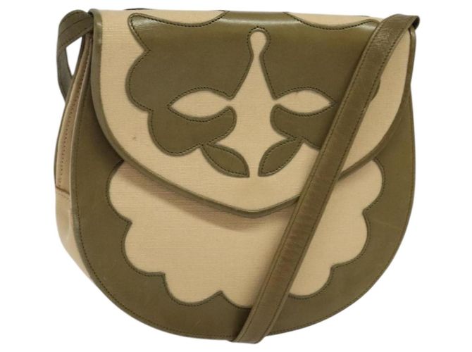Saint Laurent Bolsa de Ombro em Lona e Couro Caqui Auth BA3537