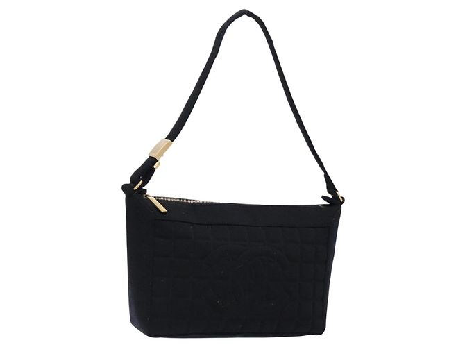 CHANEL Borsa a Spalla Choco Bar Cotone Nero Oro CC Auth bs28407 D'oro