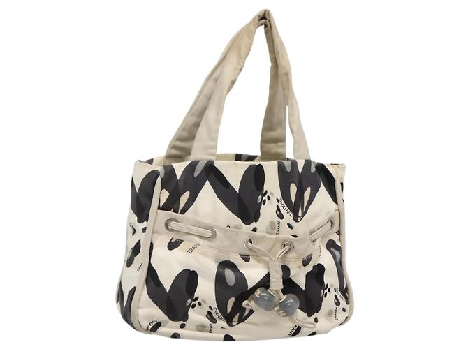 CHANEL Tote Bag Canvas Weiß Silber CC Auth 134829