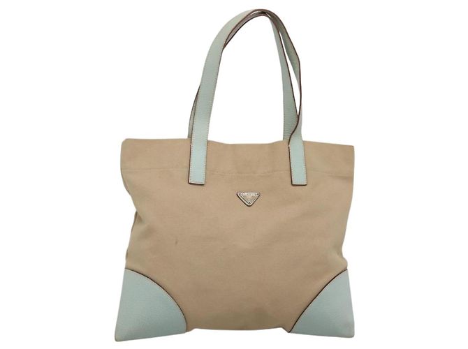 PRADA Tote Bag Canvas Beige Silver Auth 135383 Silvery