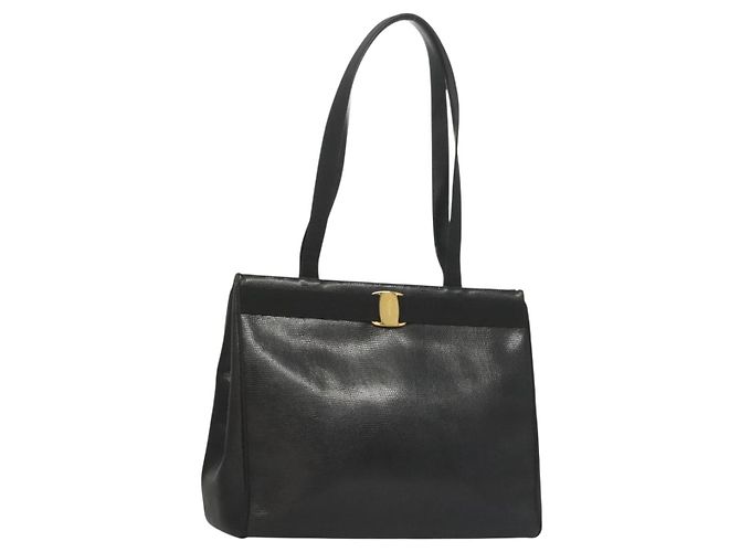 Borsa Tote Salvatore Ferragamo in pelle embossata nera e oro Auth BA4507 Nero D'oro