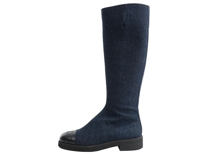 Timeless Botas largas de denim Chanel Coco Mark en azul marino, talla 37 EU