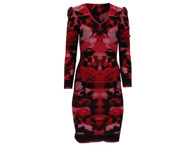  Alexander Mcqueen Floral Knitted Midi Fitted Dress in Red Silk  ref.2424874