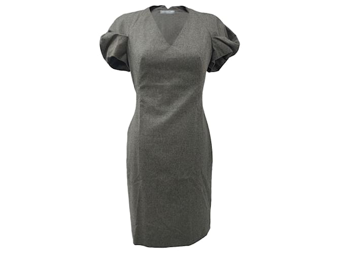  Alexander Mcqueen Puffed Sleeve Midi Dress in Grey Wool  ref.2424883