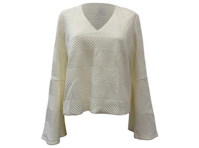 Iris & Ink Texturiertes V-Ausschnitt Langarmoberteil aus Creme-Polyester Weiß Roh