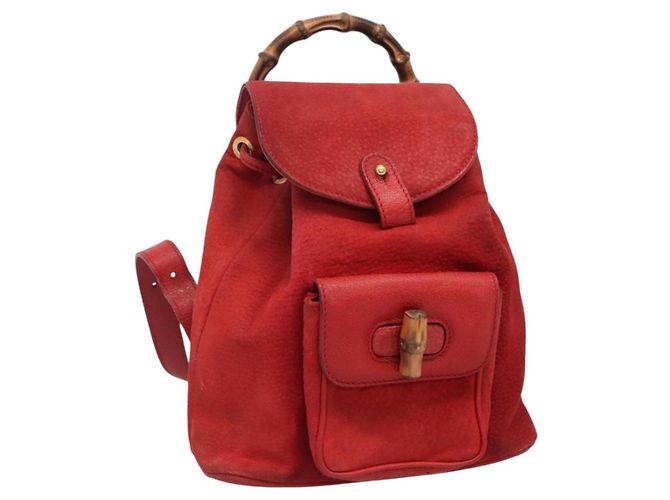 GUCCI Bamboo Backpack Suede Leather Red Gold 003 58 0030 Auth ar13675 Golden
