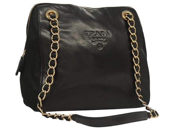 Sac à bandoulière en chaîne Prada en cuir noir et or Auth yk18939 Doré