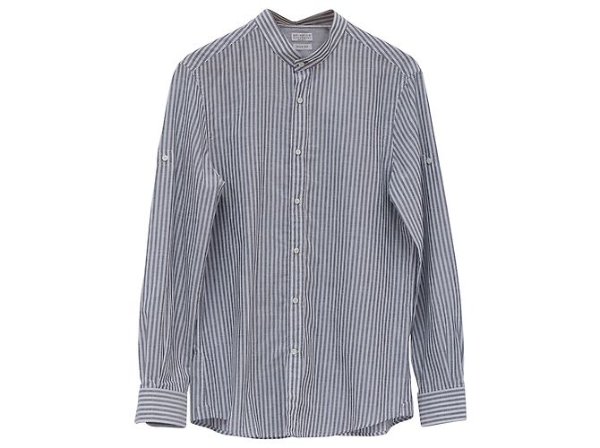 Brunello Cucinelli Easy Fit Button-Down Shirt in Grey and White Linen