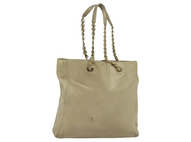 Bolsa Tote de Couro Bege Dourada PRADA com Corrente Auth bs28084 Dourado