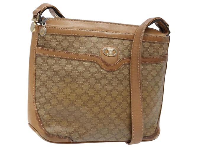 Céline Bolsa de Ombro em Lona Macadam CELINE PVC Bege Ouro Auth BA4269 Dourado