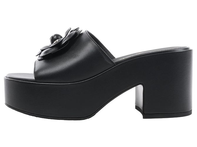 Timeless Chanel Camellia Leather Platform Mules in Black, Size 38.5 EU