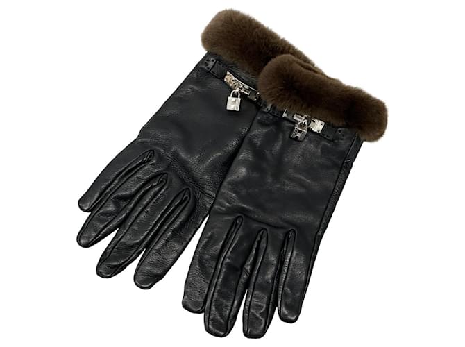 Hermes Hermès Kelly Gloves for Women Brown Black Leather Silk Fur  ref.2429381