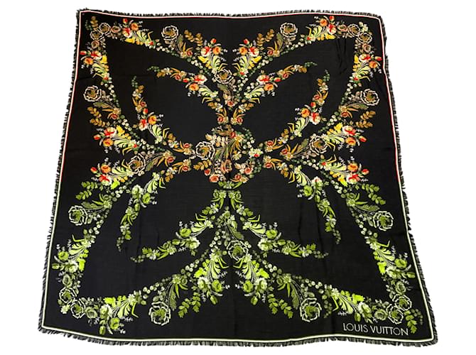 Louis Vuitton Black Multi Floral Monogram Fringed Large Wool Silk Cashmere Scarf  ref.2429407