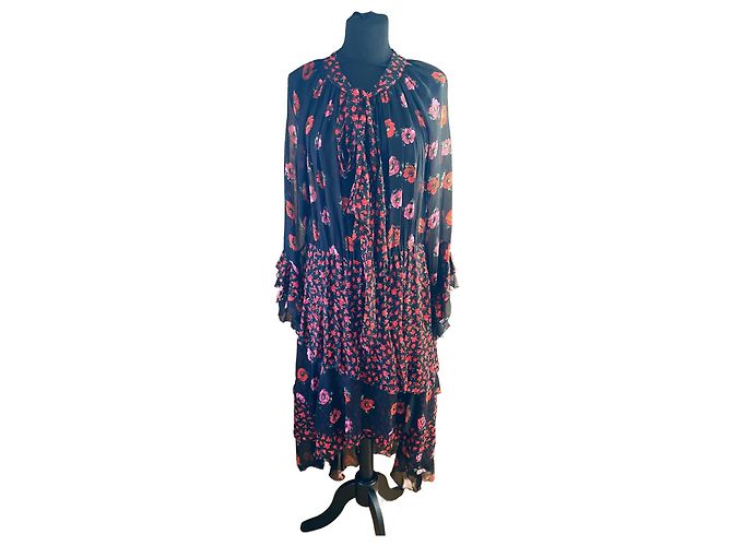 The Kooples Schwarzes Seidenkleid mit Blumenmuster