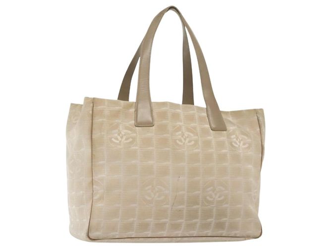 CHANEL Nuova Borsa Tote da Viaggio Nylon Beige Oro CC Auth ti3357
