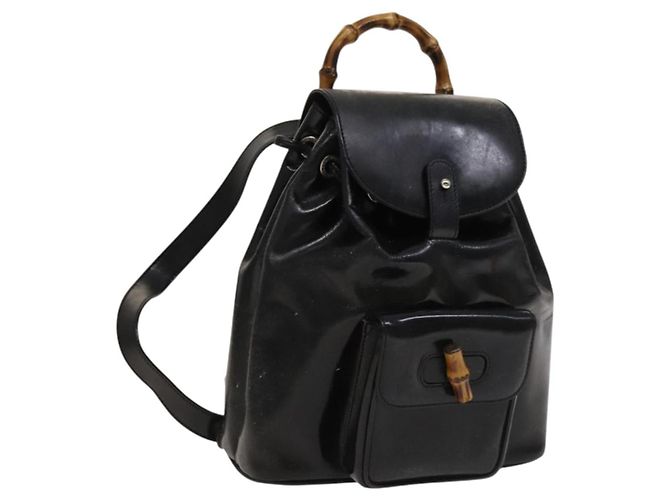 GUCCI Bamboo Backpack Enamel Black Silver 003 2034 0030 Auth 135553 Silvery