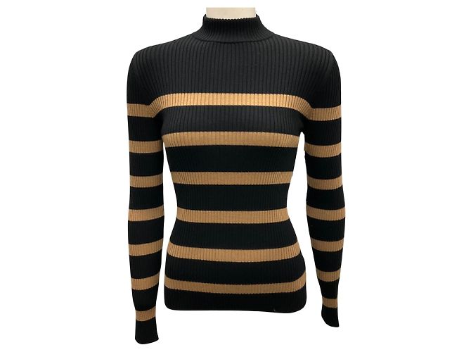 Schwarzer / Karamell gerippter Wollpullover Akris Punto