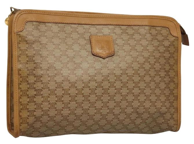 Céline CELINE Macadam Canvas Clutch Bag PVC Beige Gold Auth bs28469 Golden