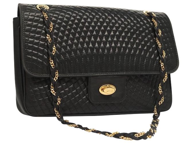 BALLY Bolsa de Ombro de Couro Matelassada com Corrente Preto Dourado Auth BA4443