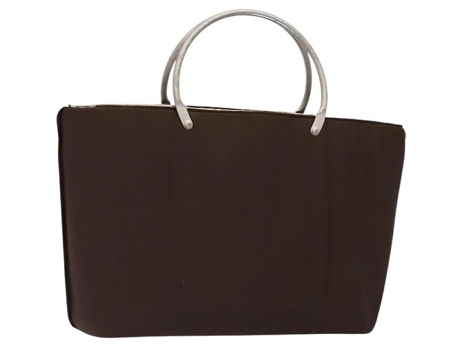 CHANEL Bolsa de mão de nylon marrom prata CC Auth bs28458