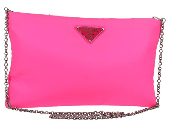 PRADA Chain Shoulder Bag Nylon Pink Silver Auth 134961M Silvery